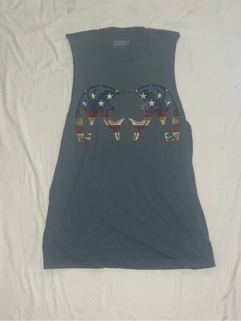 KUIU Men's Sleeveless Tank Top - Slate Blue with Patriotic Ram Skull Graphic